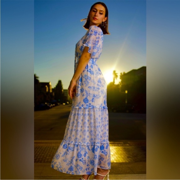 House of Harlow 1960 Blue and White Flutter Sleeve Maxi Dress M - Picture 1 of 14